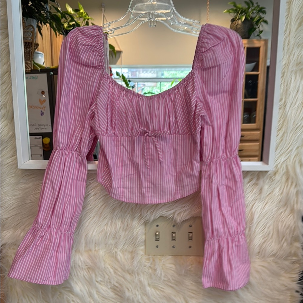 Freshman Pink Striped Puff Sleeve Cottagecore Blouse XS NWOT